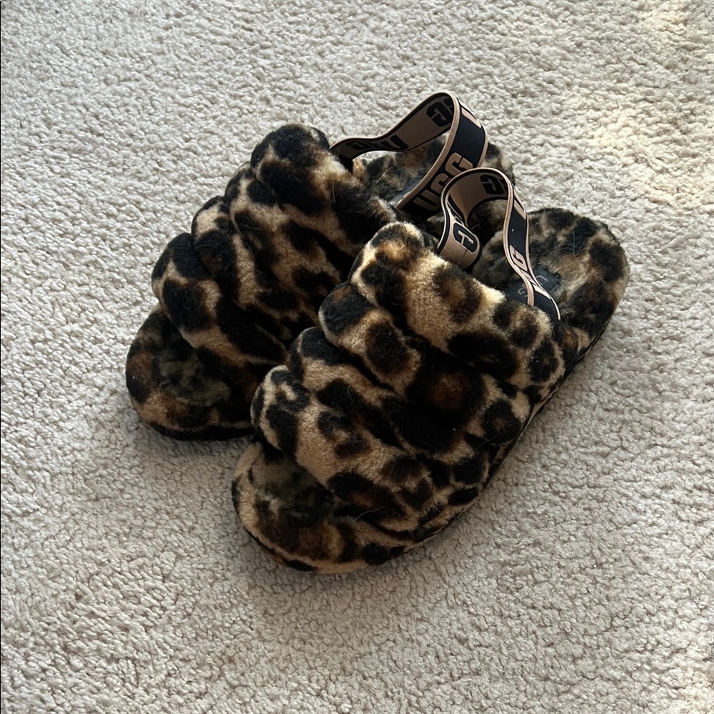 UGG Fluff Yeah Slide Spotty Leopard Print Brown Black Slippers Women’s